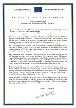 Carta del presidente del Comité Militar de la Unión Europea a los miembros de la operación concluida en la República Centroafricana
