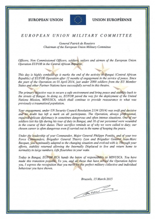 Carta del presidente del Comité Militar de la Unión Europea a los miembros de la operación concluida en la República Centroafricana