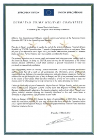 Carta del presidente del Comité Militar de la Unión Europea a los miembros de la operación concluida en la República Centroafricana